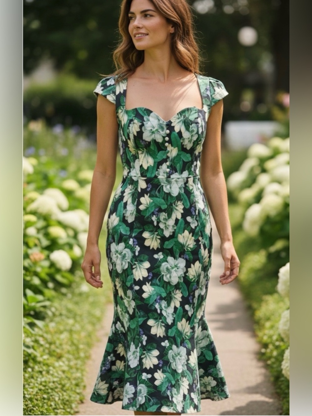 NWT Anthropologie The Cecily Green Floral Cap-Sleeve Midi Dress